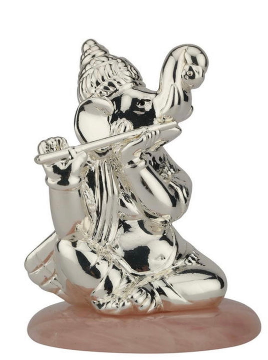 Trunk-up Bansuri Ganesha On Rose Quartz Disc