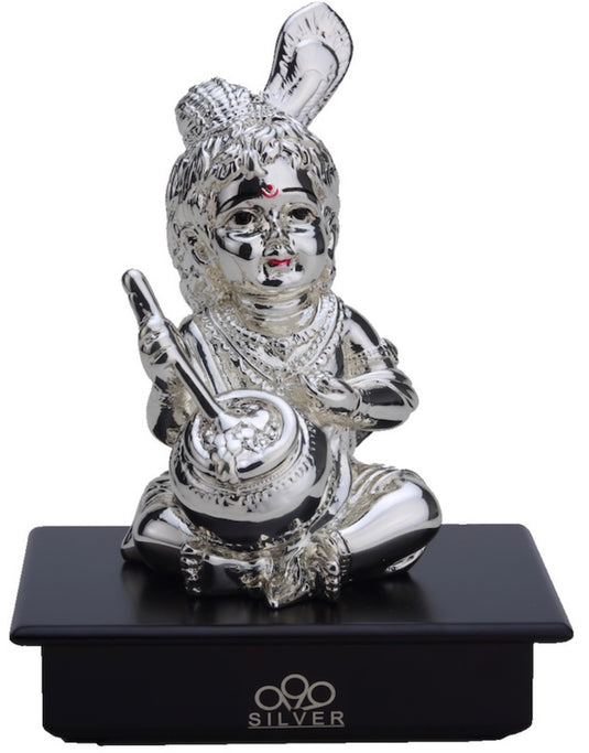 Silver Krishna with Matki on  wooden base