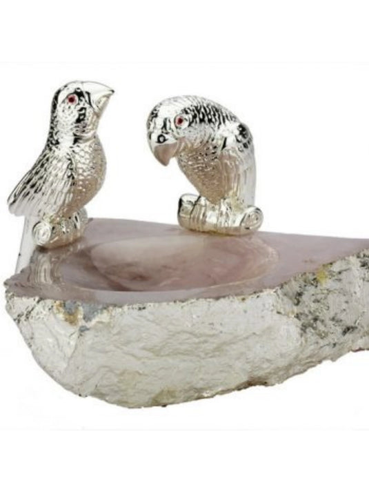 Two  Small Parrot Platter on Silver Gilded Rose  Quartz