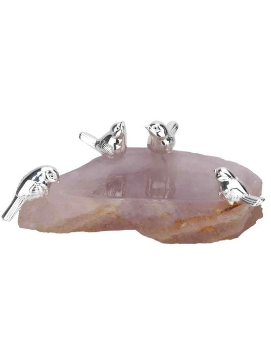 Four Playful Bird On Large Rose Quartz Scoop