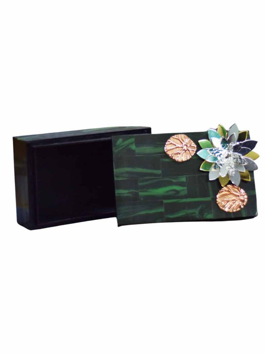 Silver Plated Flower Cutwork On Composite Malachite Tissue Box